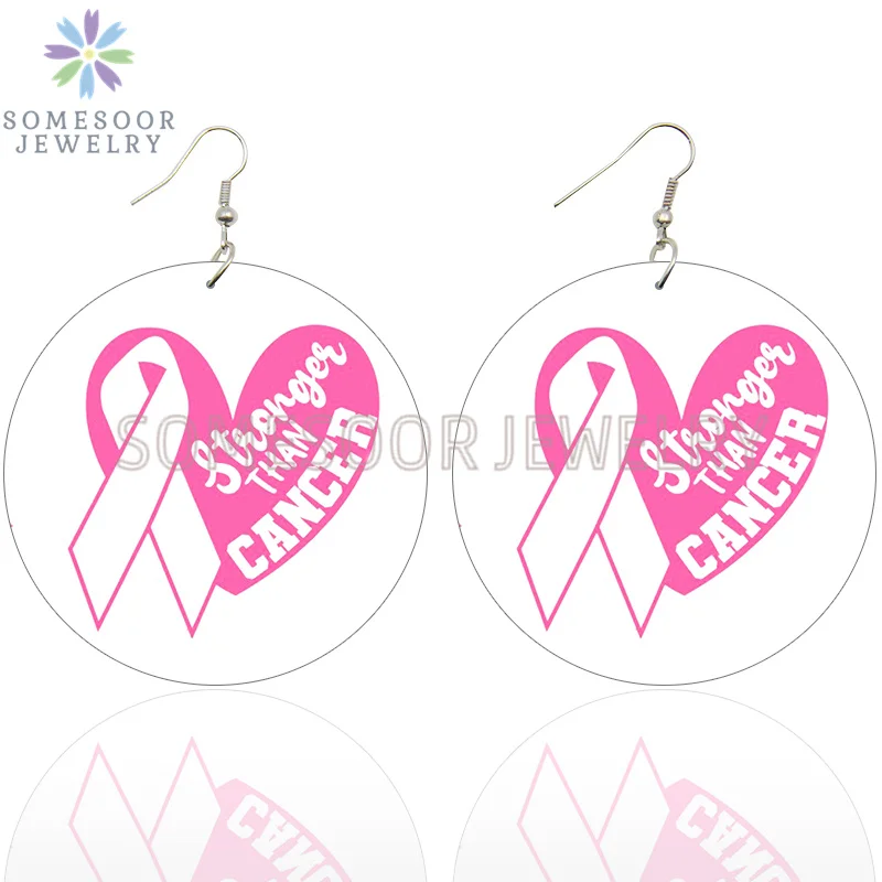 SOMESOOR October Cancer Awareness Month Designs Wooden Drop Earring For Women Gifts Peave Love Hope Cure Print Ear Loops Dangle