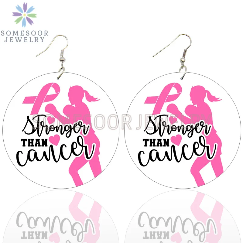 SOMESOOR October Cancer Awareness Month Designs Wooden Drop Earring For Women Gifts Peave Love Hope Cure Print Ear Loops Dangle