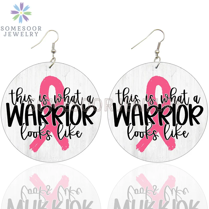 SOMESOOR October Cancer Awareness Month Designs Wooden Drop Earring For Women Gifts Peave Love Hope Cure Print Ear Loops Dangle