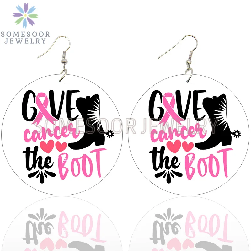 SOMESOOR October Cancer Awareness Month Designs Wooden Drop Earring For Women Gifts Peave Love Hope Cure Print Ear Loops Dangle