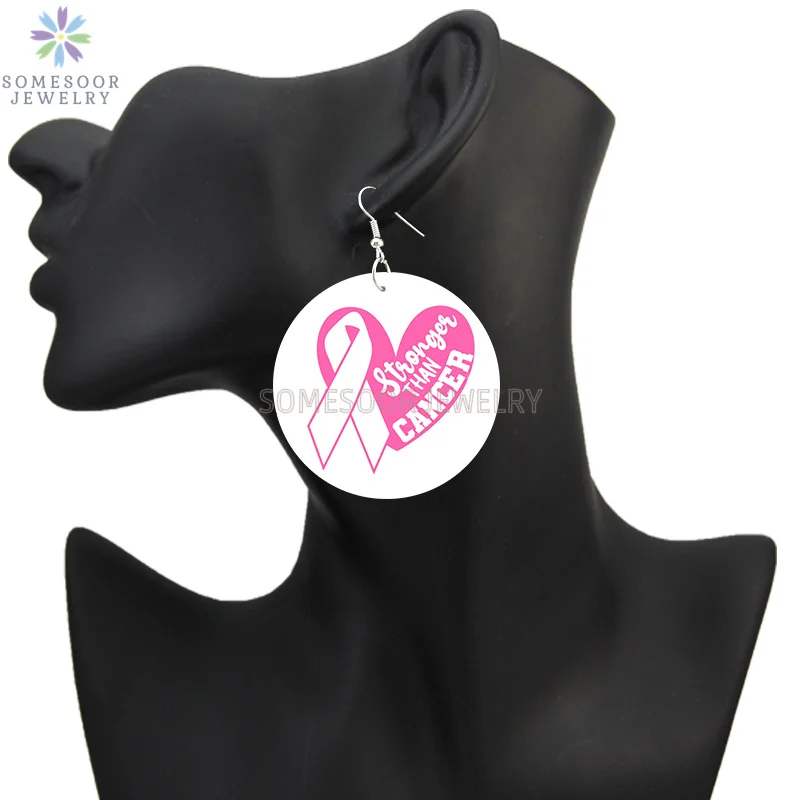SOMESOOR October Cancer Awareness Month Designs Wooden Drop Earring For Women Gifts Peave Love Hope Cure Print Ear Loops Dangle