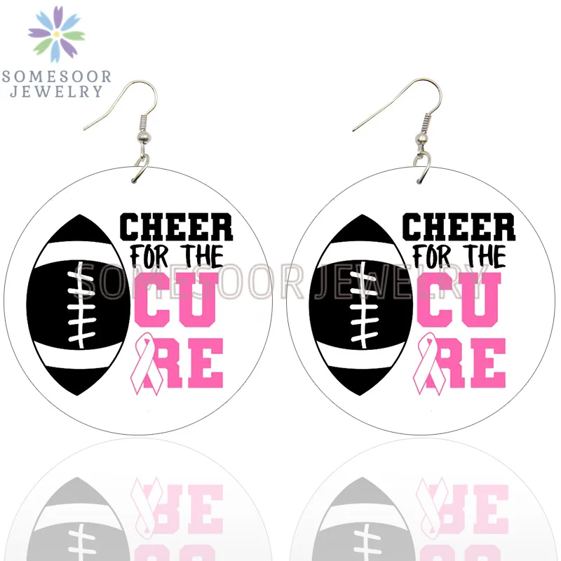 SOMESOOR October Cancer Awareness Month Designs Wooden Drop Earring For Women Gifts Peave Love Hope Cure Print Ear Loops Dangle