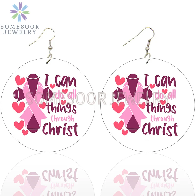 SOMESOOR October Cancer Awareness Month Designs Wooden Drop Earring For Women Gifts Peave Love Hope Cure Print Ear Loops Dangle