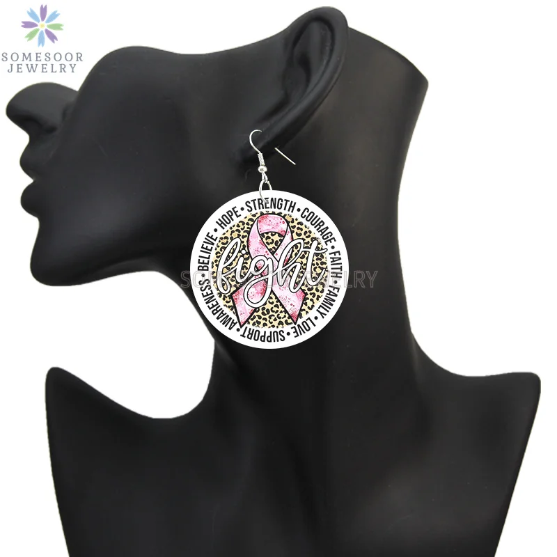 SOMESOOR October Cancer Awareness Month Designs Wooden Drop Earring For Women Gifts Peave Love Hope Cure Print Ear Loops Dangle