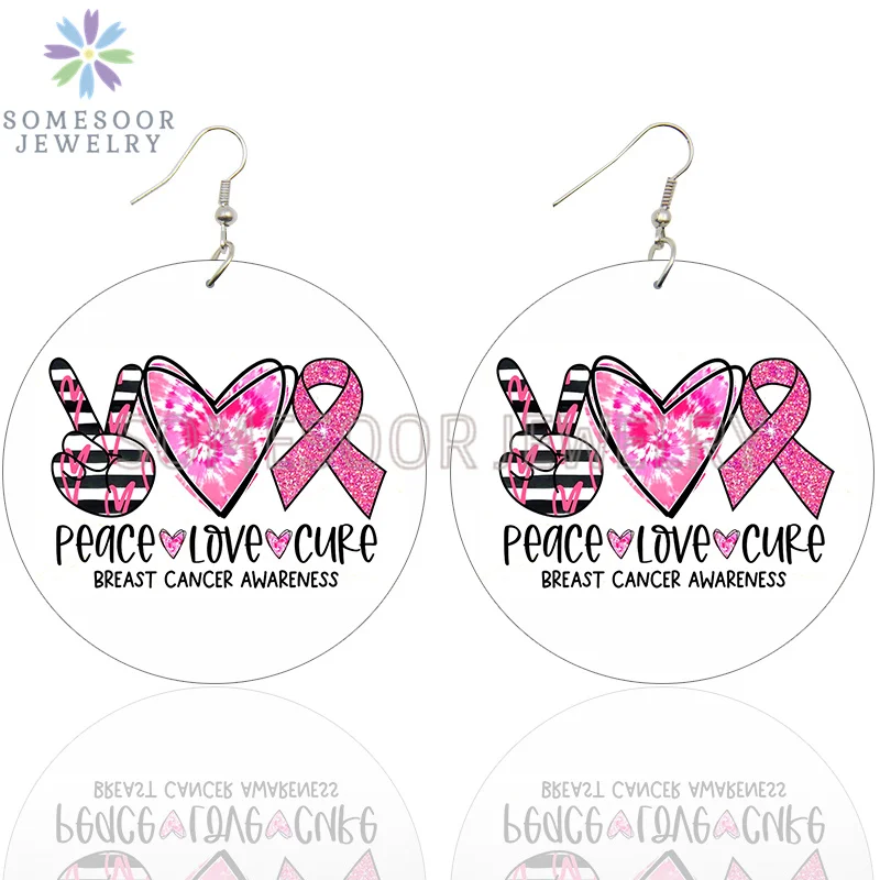 SOMESOOR October Cancer Awareness Month Designs Wooden Drop Earring For Women Gifts Peave Love Hope Cure Print Ear Loops Dangle
