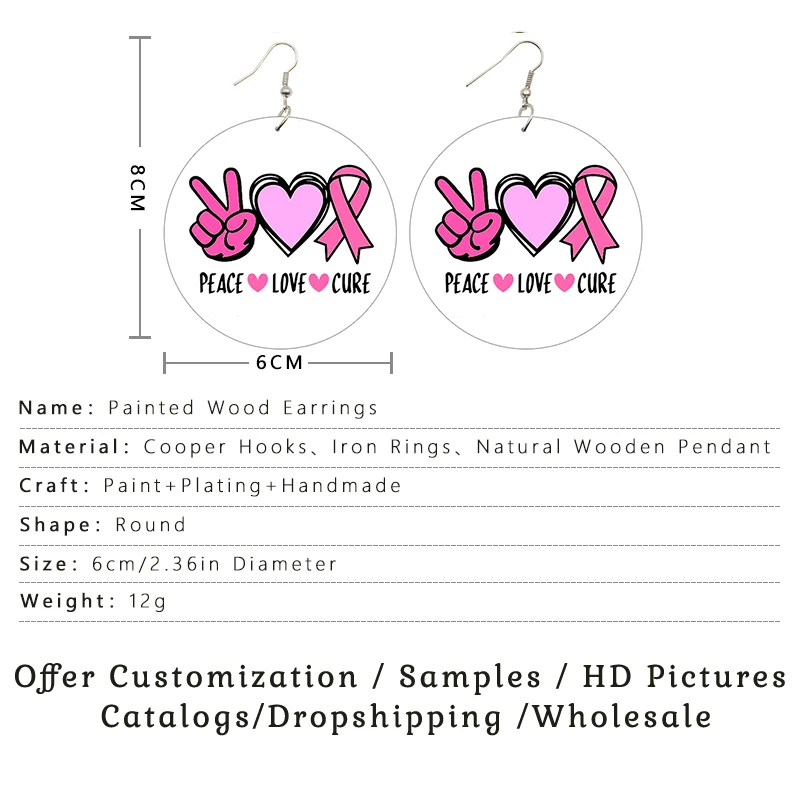SOMESOOR October Cancer Awareness Month Designs Wooden Drop Earring For Women Gifts Peave Love Hope Cure Print Ear Loops Dangle