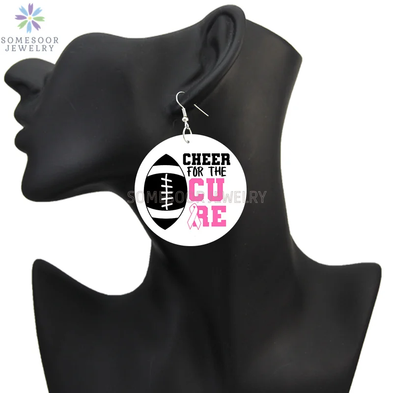 SOMESOOR October Cancer Awareness Month Designs Wooden Drop Earring For Women Gifts Peave Love Hope Cure Print Ear Loops Dangle