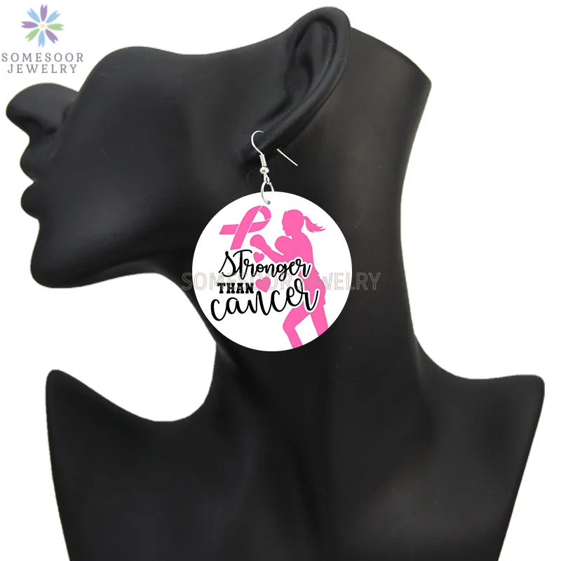 SOMESOOR October Cancer Awareness Month Designs Wooden Drop Earring For Women Gifts Peave Love Hope Cure Print Ear Loops Dangle