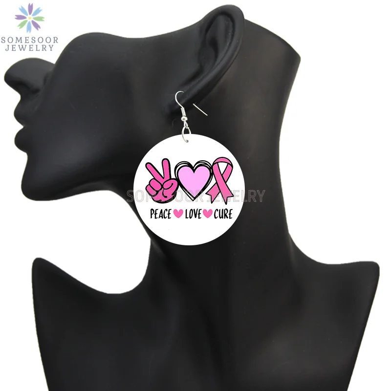 SOMESOOR October Cancer Awareness Month Designs Wooden Drop Earring For Women Gifts Peave Love Hope Cure Print Ear Loops Dangle
