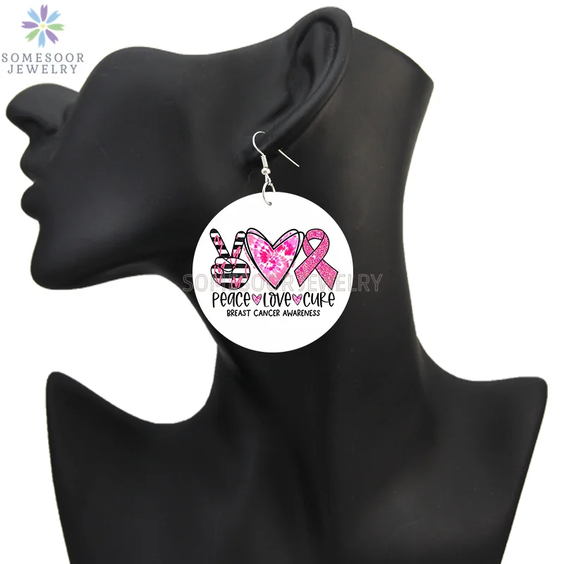 SOMESOOR October Cancer Awareness Month Designs Wooden Drop Earring For Women Gifts Peave Love Hope Cure Print Ear Loops Dangle