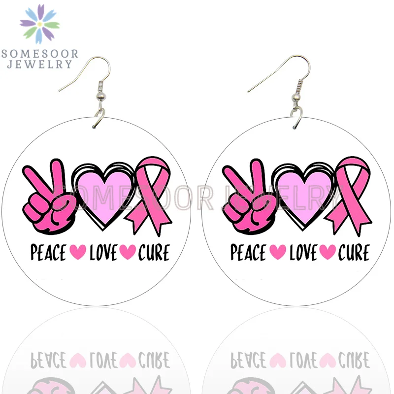 SOMESOOR October Cancer Awareness Month Designs Wooden Drop Earring For Women Gifts Peave Love Hope Cure Print Ear Loops Dangle