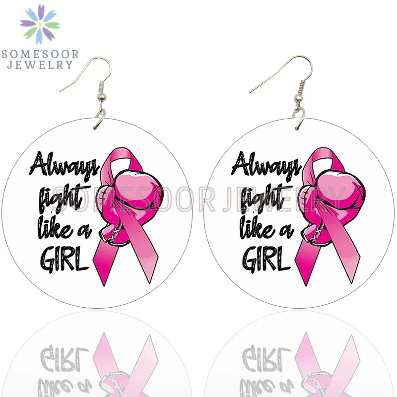 SOMESOOR October Cancer Awareness Month Designs Wooden Drop Earring For Women Gifts Peave Love Hope Cure Print Ear Loops Dangle