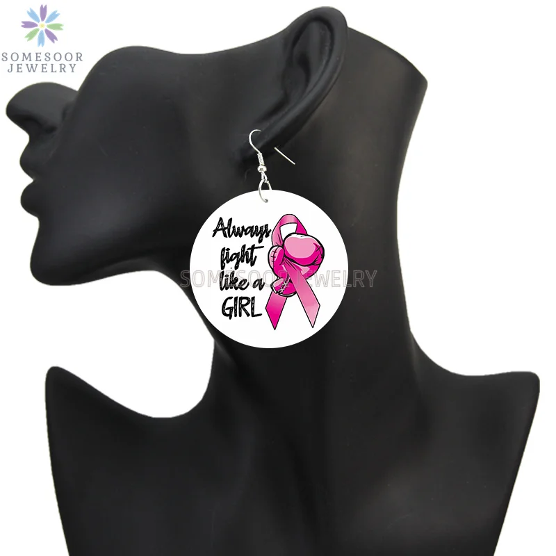 SOMESOOR October Cancer Awareness Month Designs Wooden Drop Earring For Women Gifts Peave Love Hope Cure Print Ear Loops Dangle