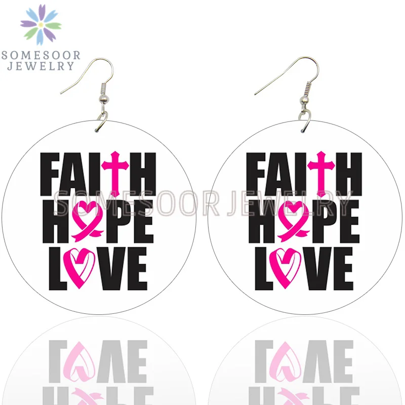 SOMESOOR October Cancer Awareness Month Designs Wooden Drop Earring For Women Gifts Peave Love Hope Cure Print Ear Loops Dangle