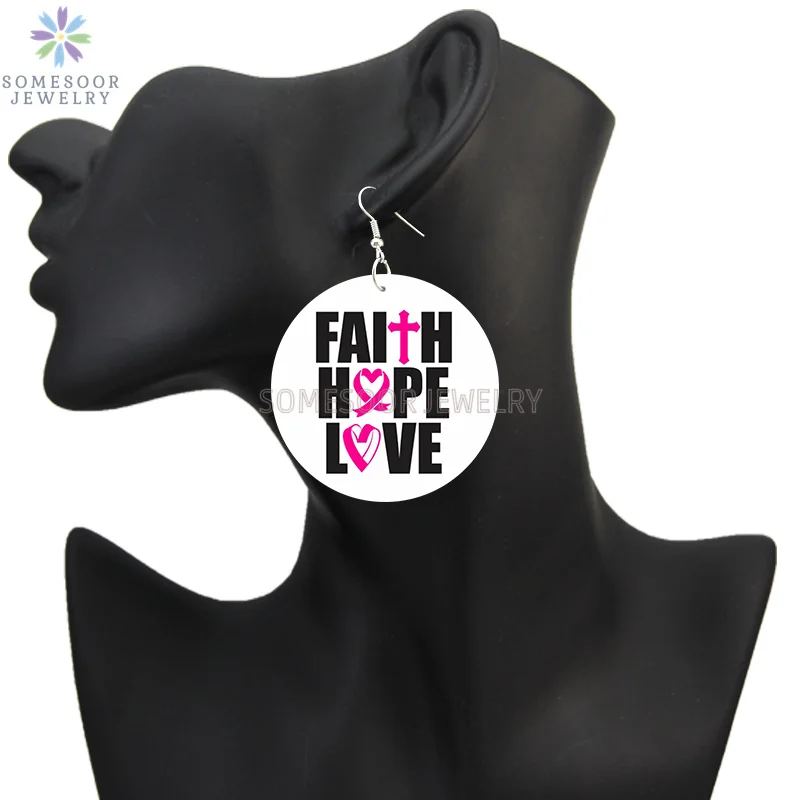 SOMESOOR October Cancer Awareness Month Designs Wooden Drop Earring For Women Gifts Peave Love Hope Cure Print Ear Loops Dangle