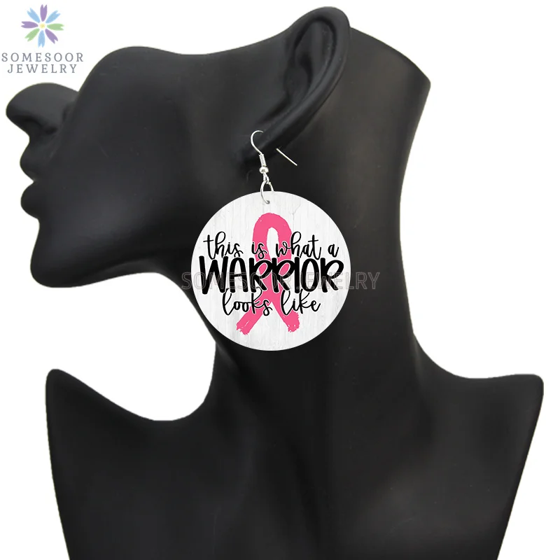SOMESOOR October Cancer Awareness Month Designs Wooden Drop Earring For Women Gifts Peave Love Hope Cure Print Ear Loops Dangle
