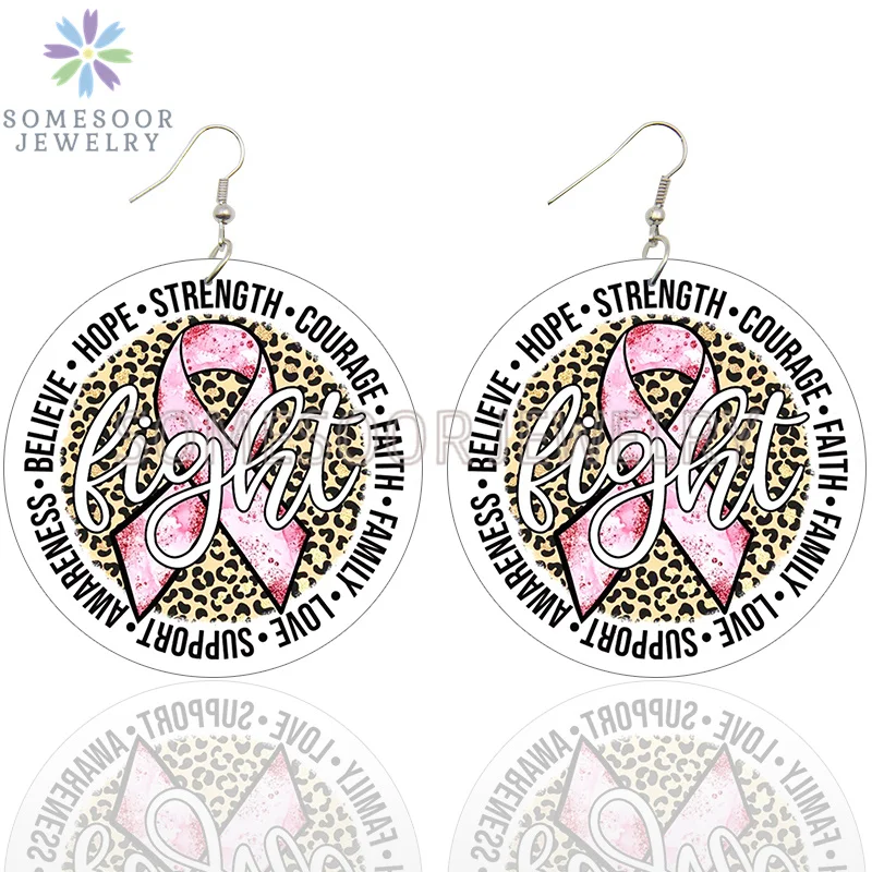 SOMESOOR October Cancer Awareness Month Designs Wooden Drop Earring For Women Gifts Peave Love Hope Cure Print Ear Loops Dangle