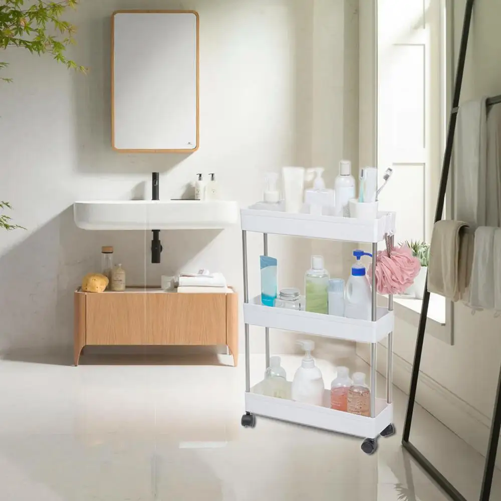 Slim Storage Cart 3 Tier Utility Cart With Wheels Mobile Organizer On Wheels Clutter Storage For Bathroom Kitchen Space Saving