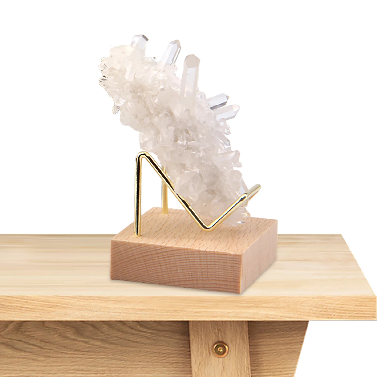 Stone Crystal Cluster Stand With Metal Arm And Wooden Base Mineral Specimen Display Holder Home Decoration Accessories