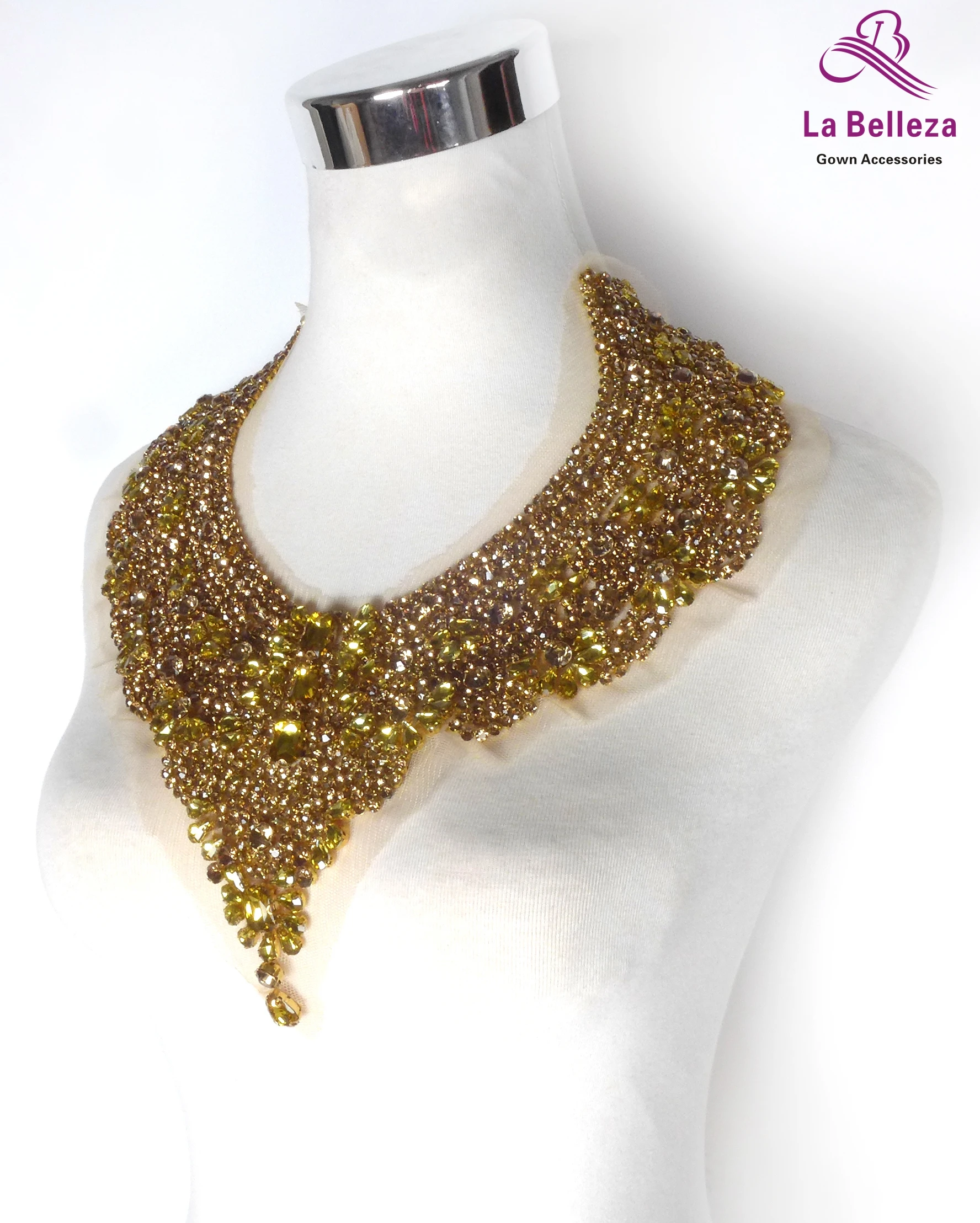 La Belleza beauty hand sewon neck bodice applique,gold silver crystal rhinestone applique Patch for dress accessories