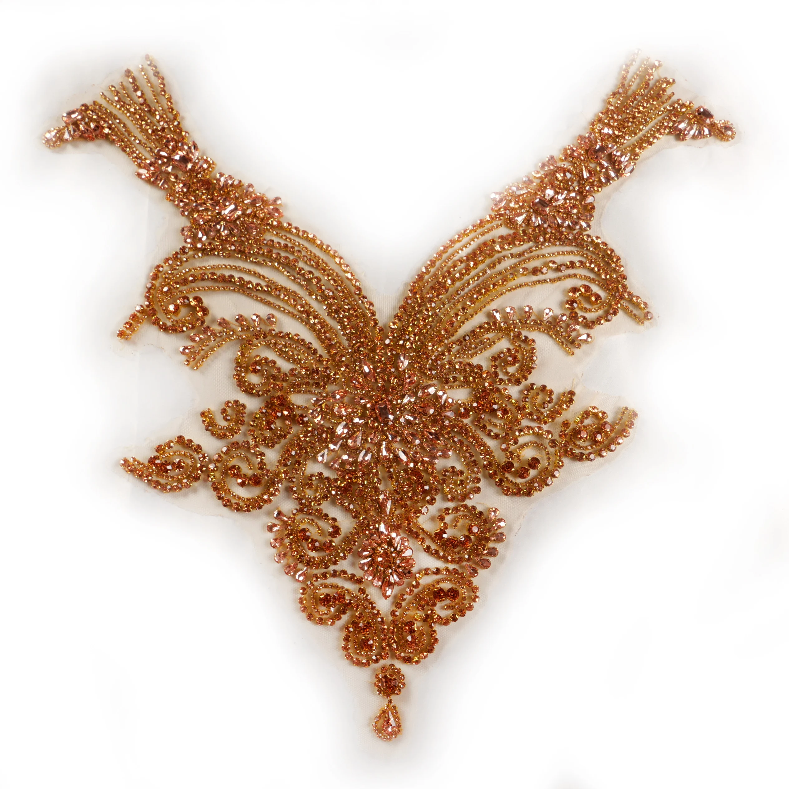 La Belleza beauty hand sewon neck bodice applique,gold silver crystal rhinestone applique Patch for dress accessories