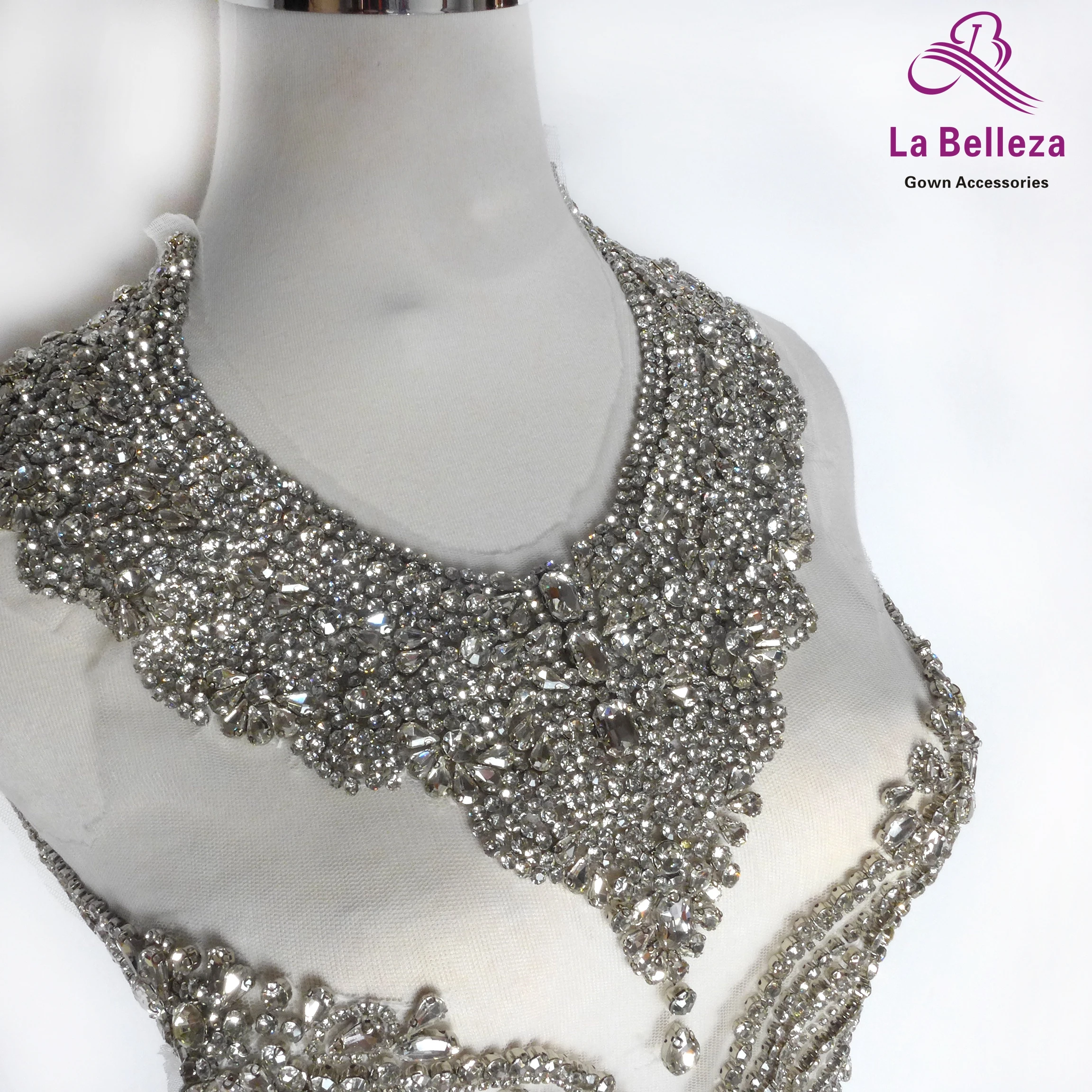 La Belleza beauty hand sewon neck bodice applique,gold silver crystal rhinestone applique Patch for dress accessories