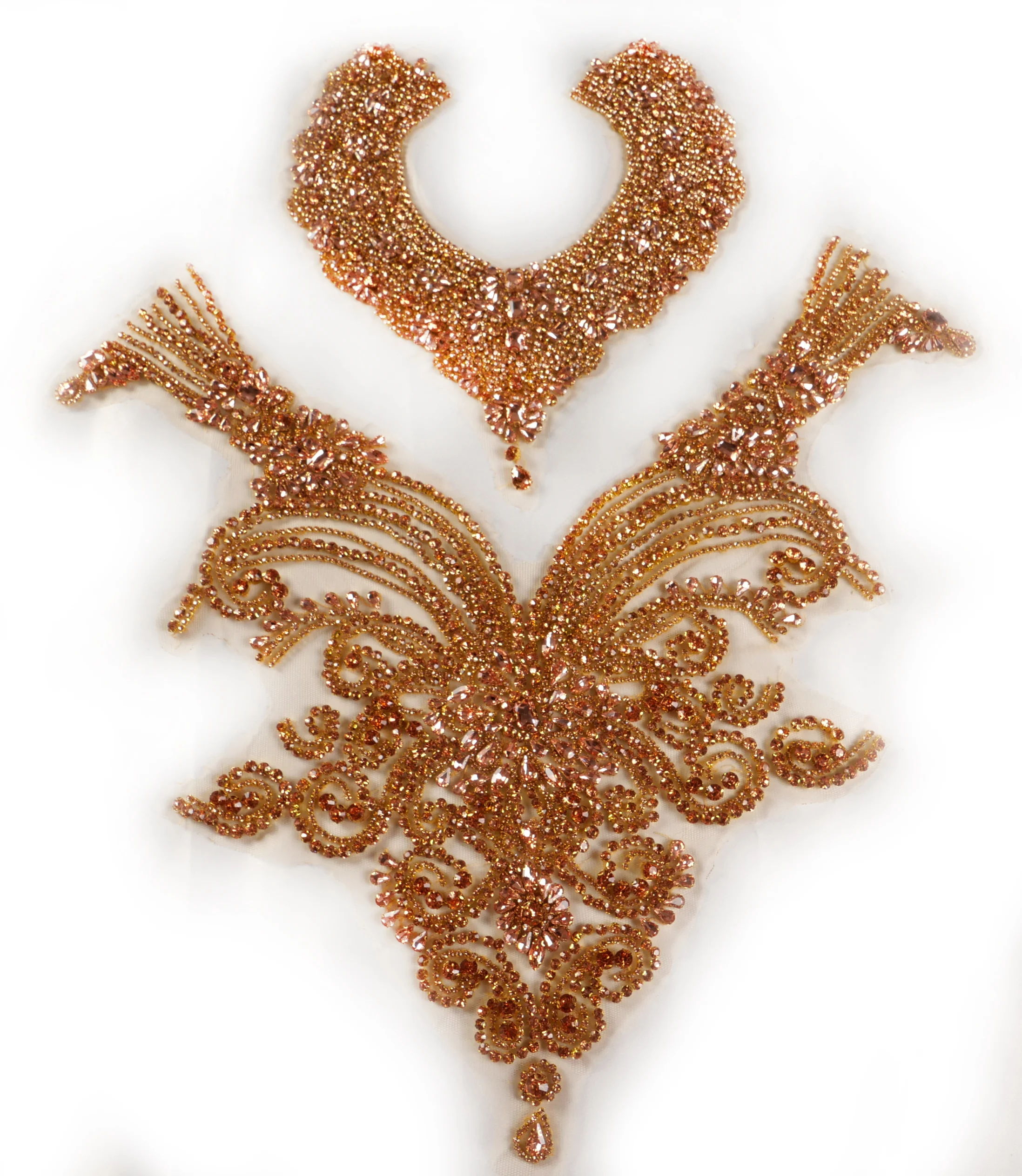 La Belleza beauty hand sewon neck bodice applique,gold silver crystal rhinestone applique Patch for dress accessories