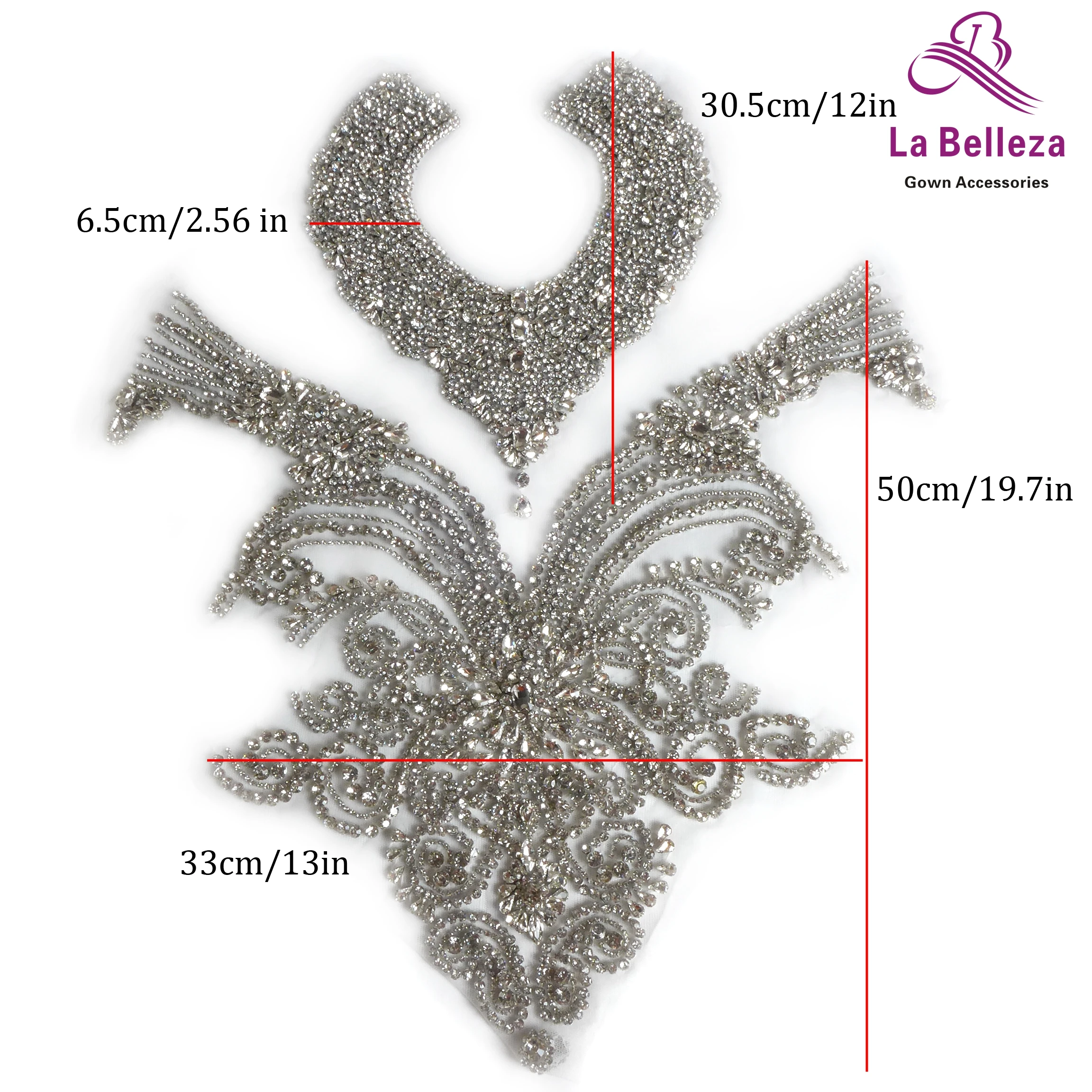 La Belleza beauty hand sewon neck bodice applique,gold silver crystal rhinestone applique Patch for dress accessories