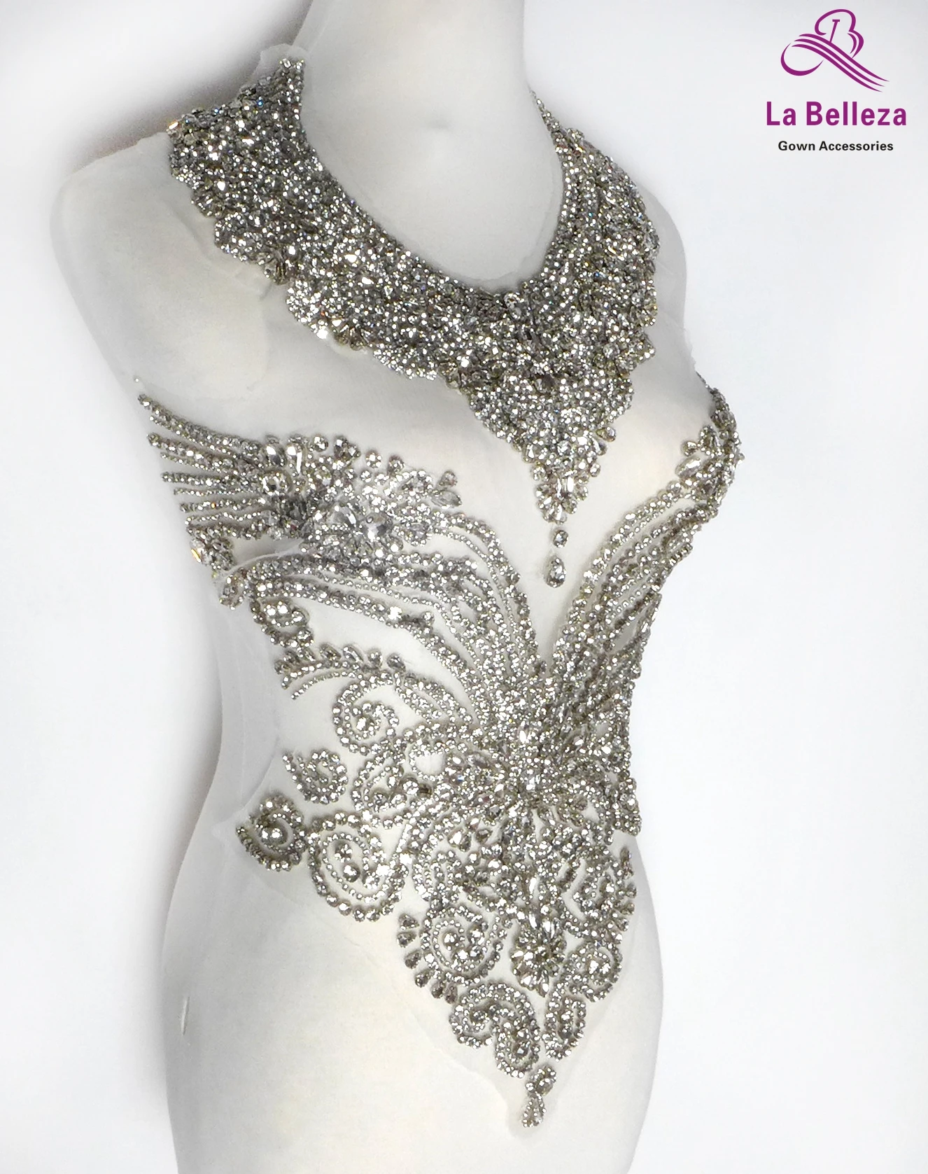 La Belleza beauty hand sewon neck bodice applique,gold silver crystal rhinestone applique Patch for dress accessories
