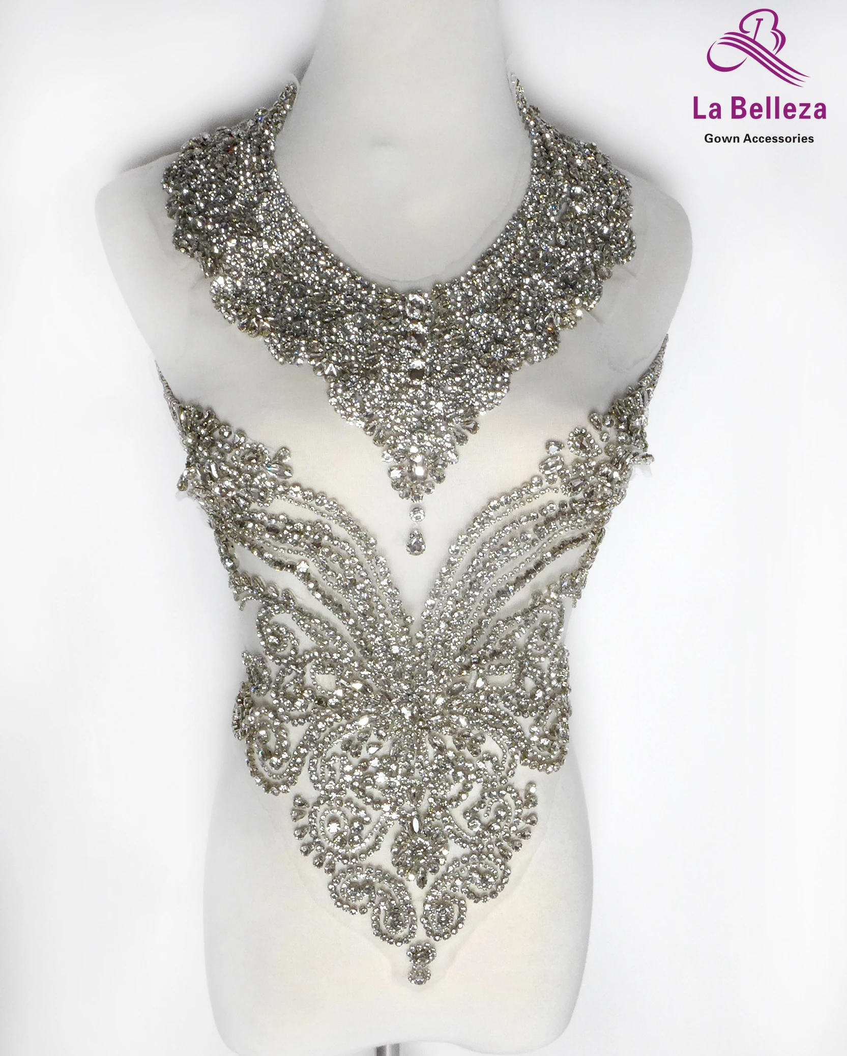 La Belleza beauty hand sewon neck bodice applique,gold silver crystal rhinestone applique Patch for dress accessories