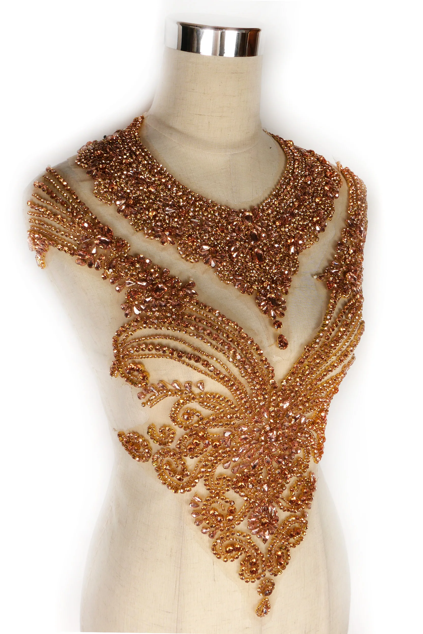 La Belleza beauty hand sewon neck bodice applique,gold silver crystal rhinestone applique Patch for dress accessories