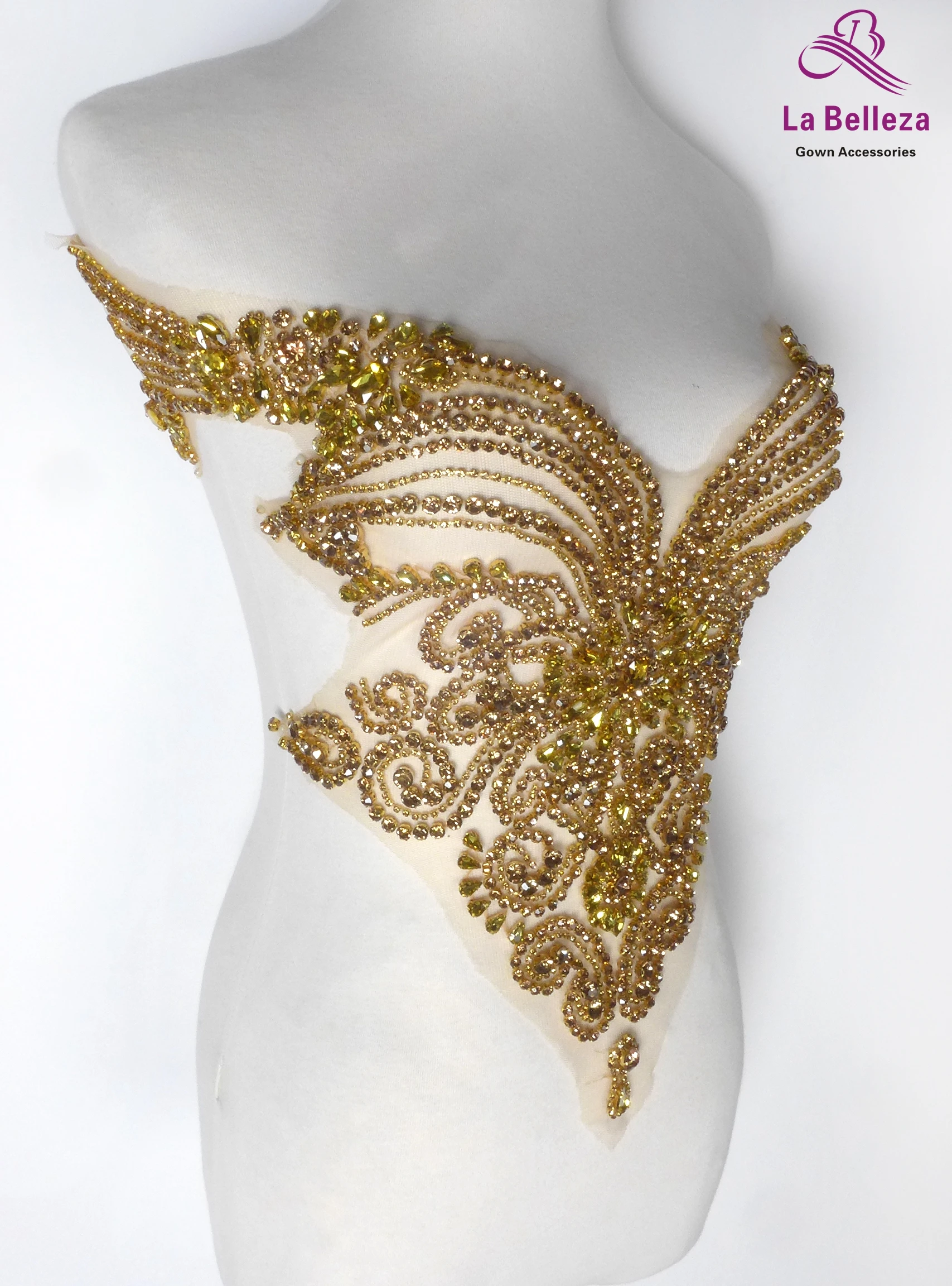 La Belleza beauty hand sewon neck bodice applique,gold silver crystal rhinestone applique Patch for dress accessories
