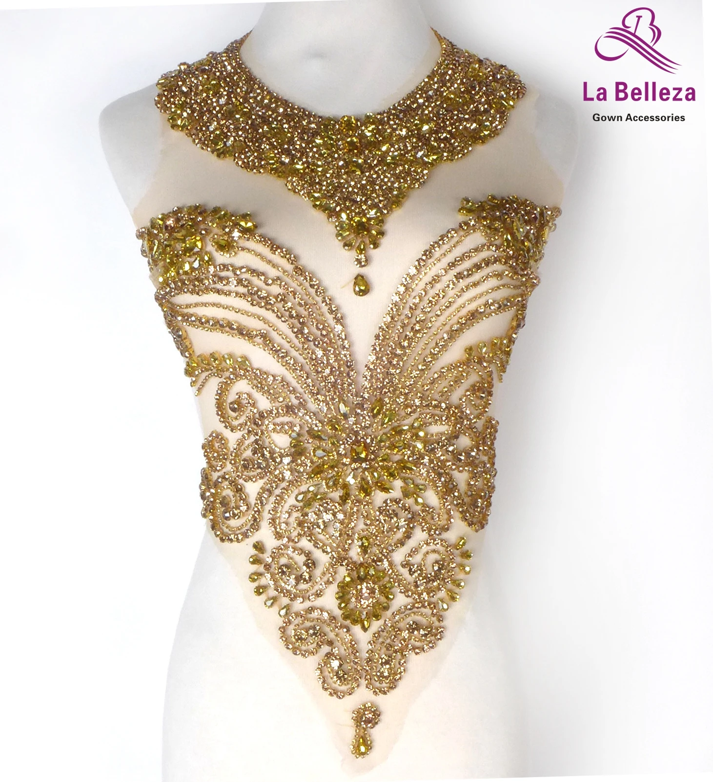 La Belleza beauty hand sewon neck bodice applique,gold silver crystal rhinestone applique Patch for dress accessories