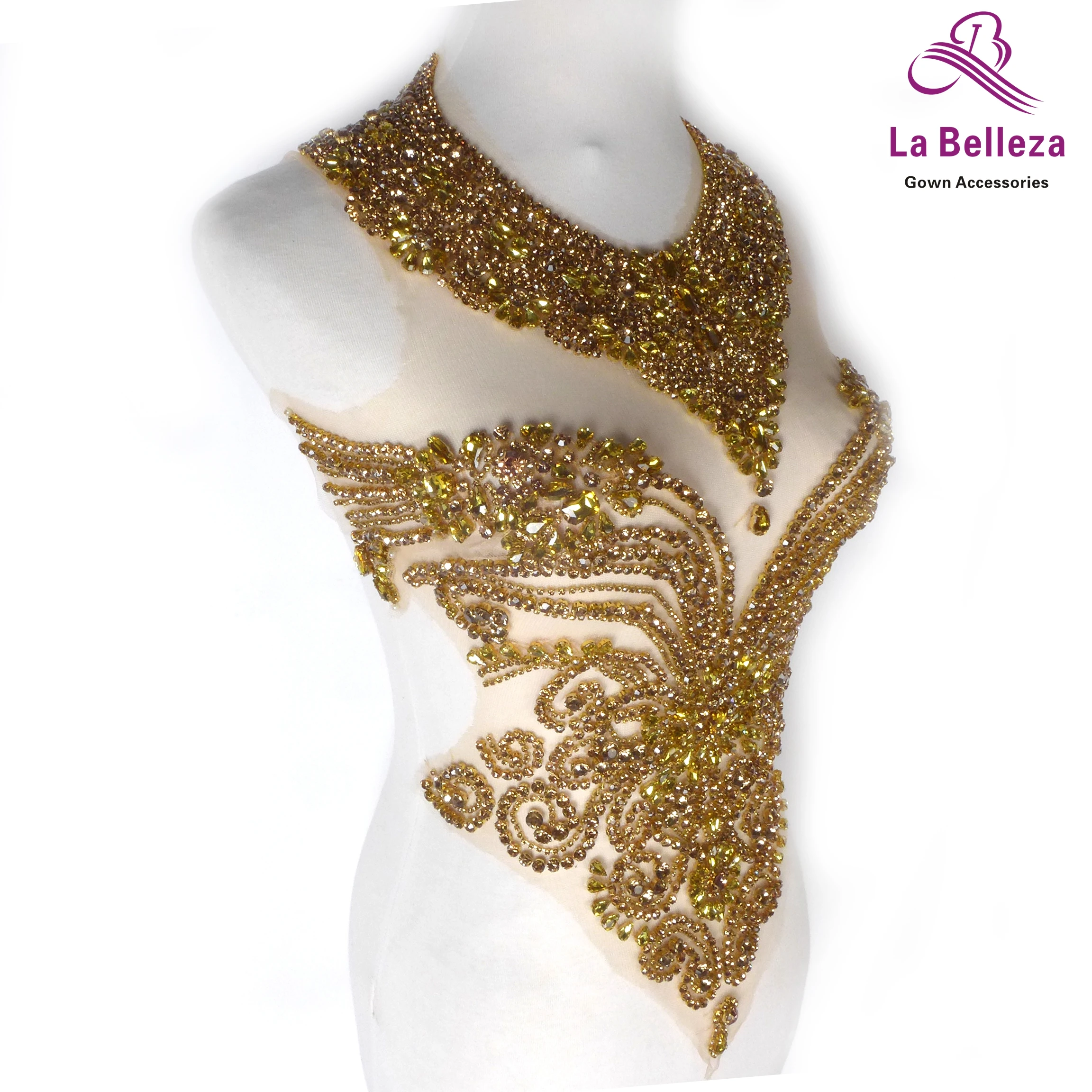 La Belleza beauty hand sewon neck bodice applique,gold silver crystal rhinestone applique Patch for dress accessories