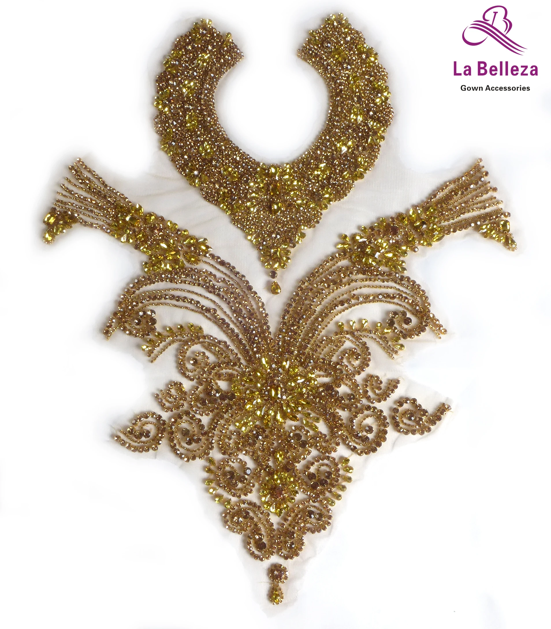 La Belleza beauty hand sewon neck bodice applique,gold silver crystal rhinestone applique Patch for dress accessories