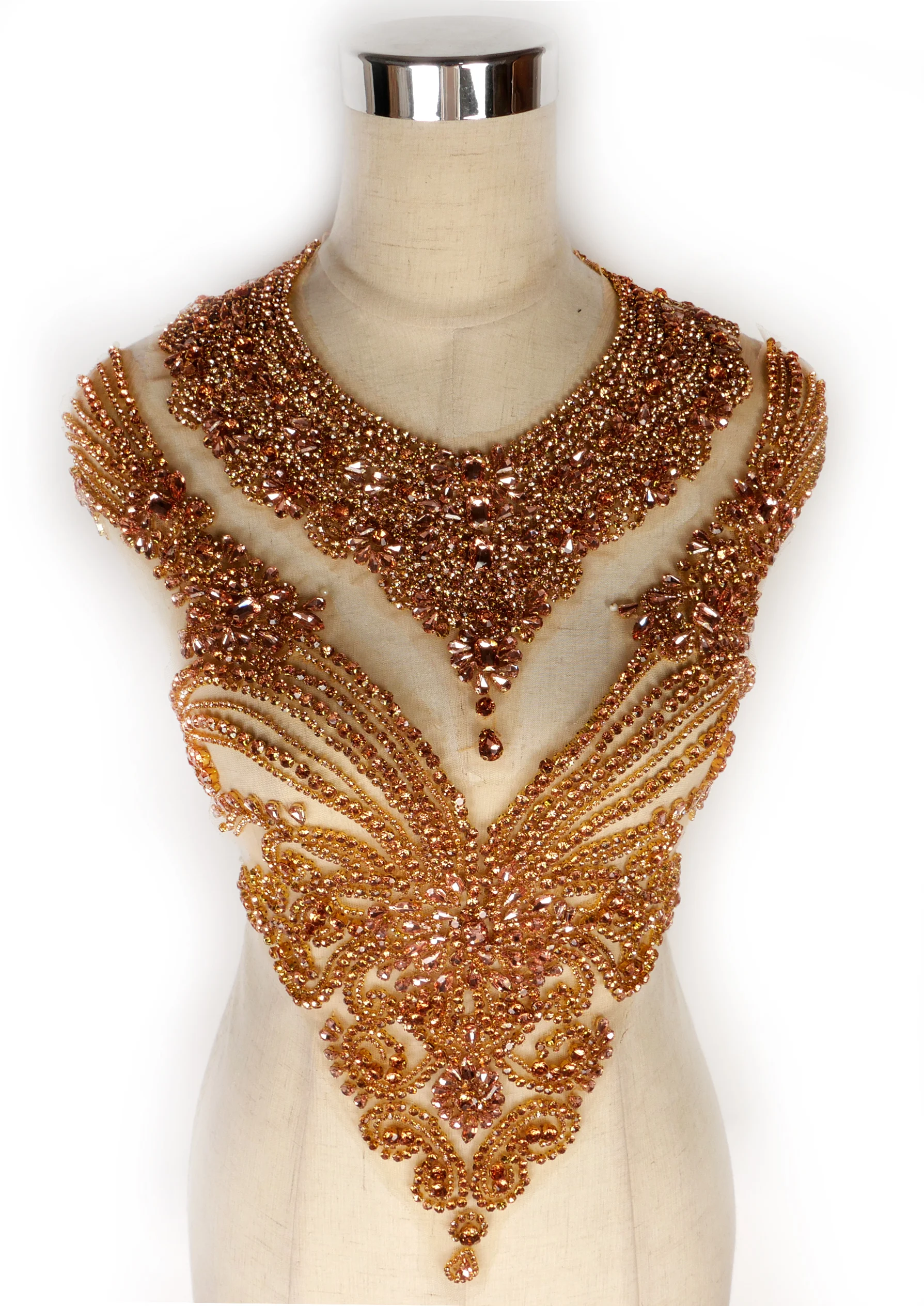 La Belleza beauty hand sewon neck bodice applique,gold silver crystal rhinestone applique Patch for dress accessories