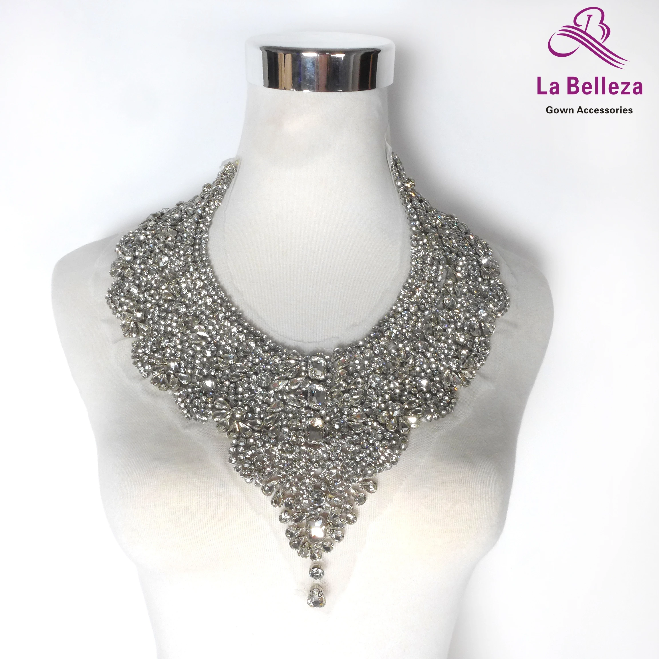 La Belleza beauty hand sewon neck bodice applique,gold silver crystal rhinestone applique Patch for dress accessories