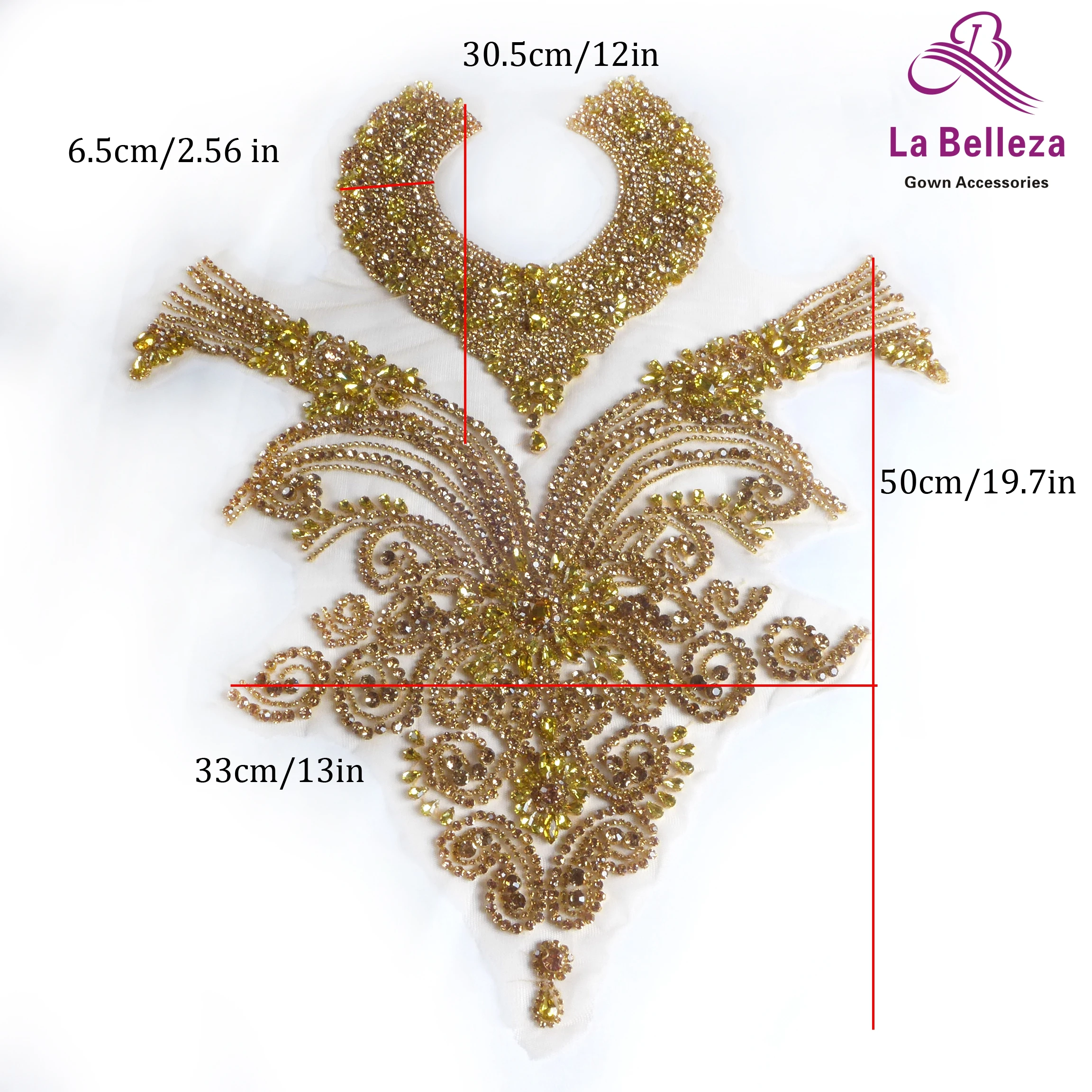 La Belleza beauty hand sewon neck bodice applique,gold silver crystal rhinestone applique Patch for dress accessories