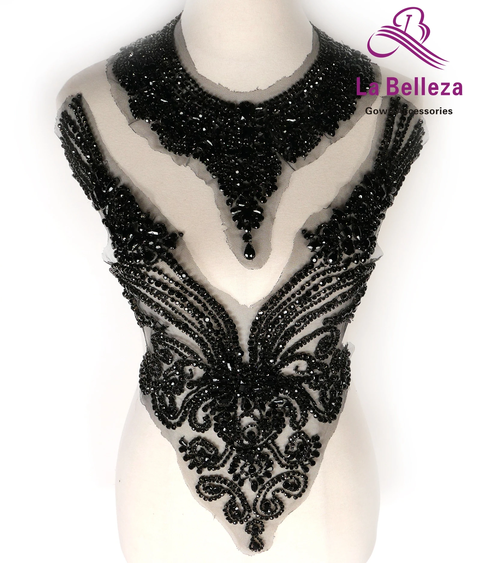 La Belleza beauty hand sewon neck bodice applique,gold silver crystal rhinestone applique Patch for dress accessories
