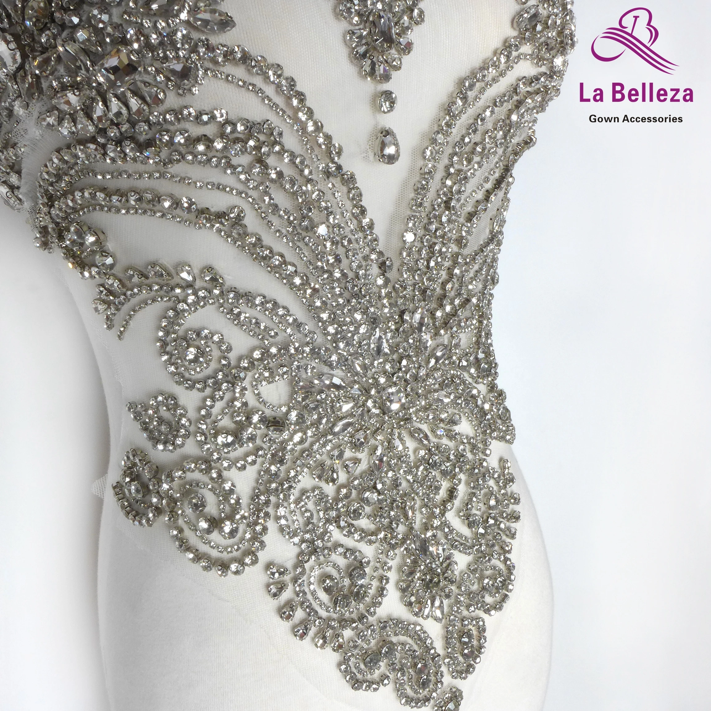 La Belleza beauty hand sewon neck bodice applique,gold silver crystal rhinestone applique Patch for dress accessories