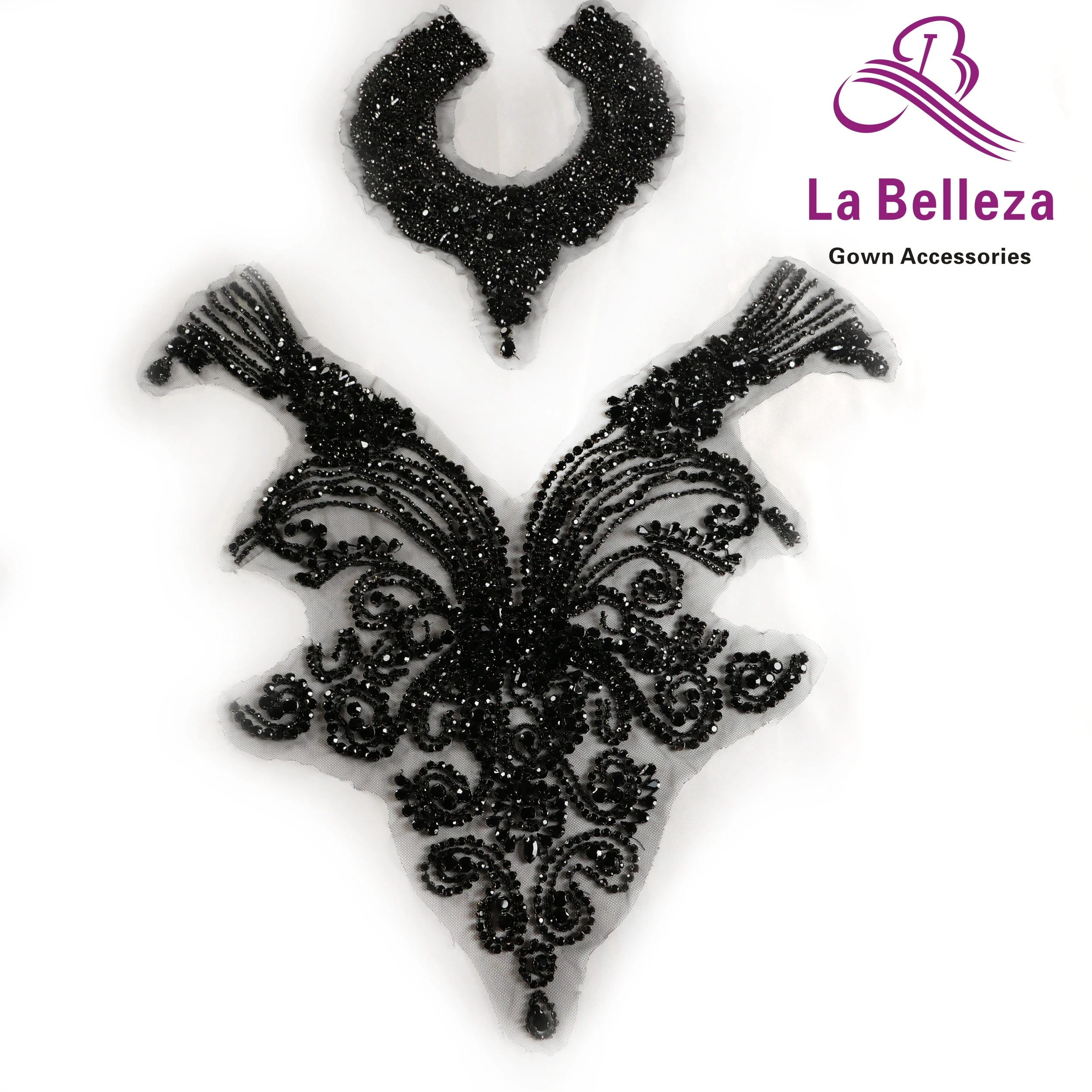 La Belleza beauty hand sewon neck bodice applique,gold silver crystal rhinestone applique Patch for dress accessories