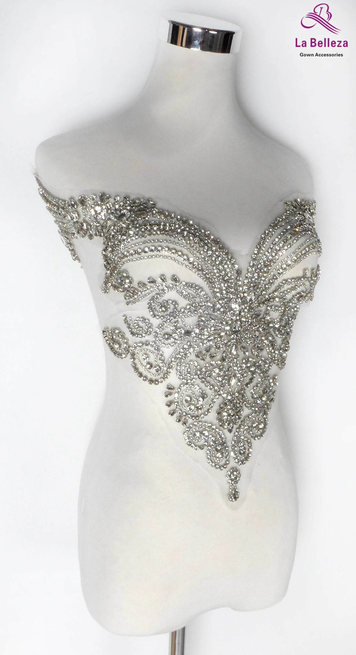 La Belleza beauty hand sewon neck bodice applique,gold silver crystal rhinestone applique Patch for dress accessories