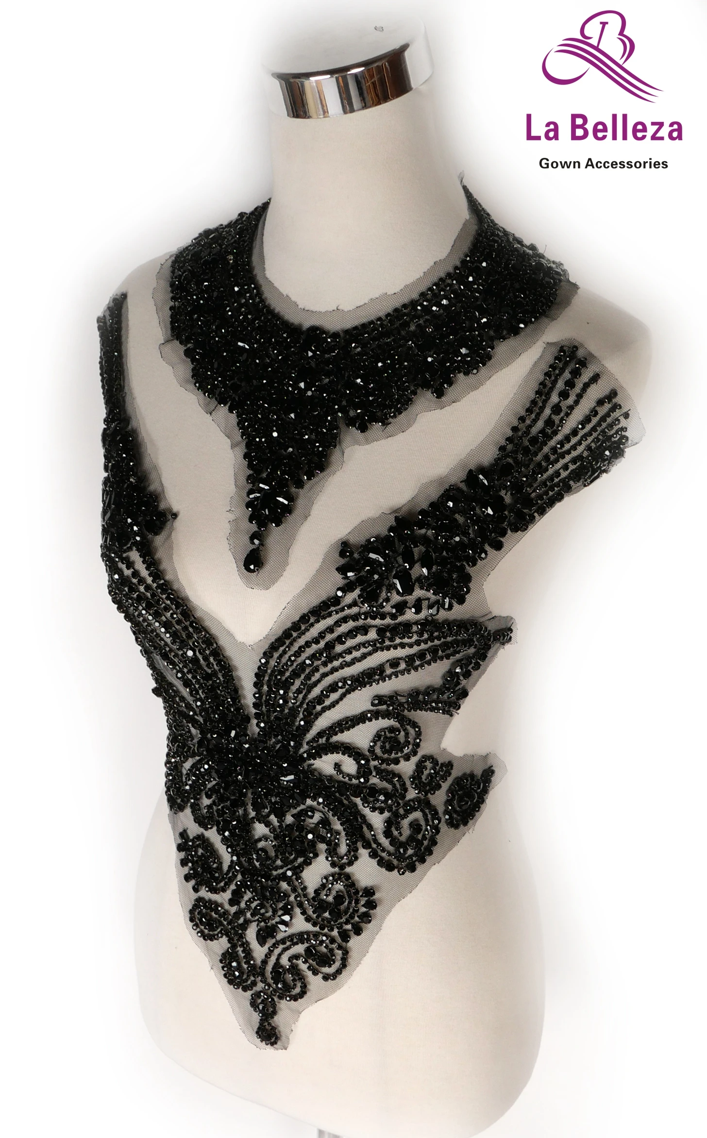 La Belleza beauty hand sewon neck bodice applique,gold silver crystal rhinestone applique Patch for dress accessories