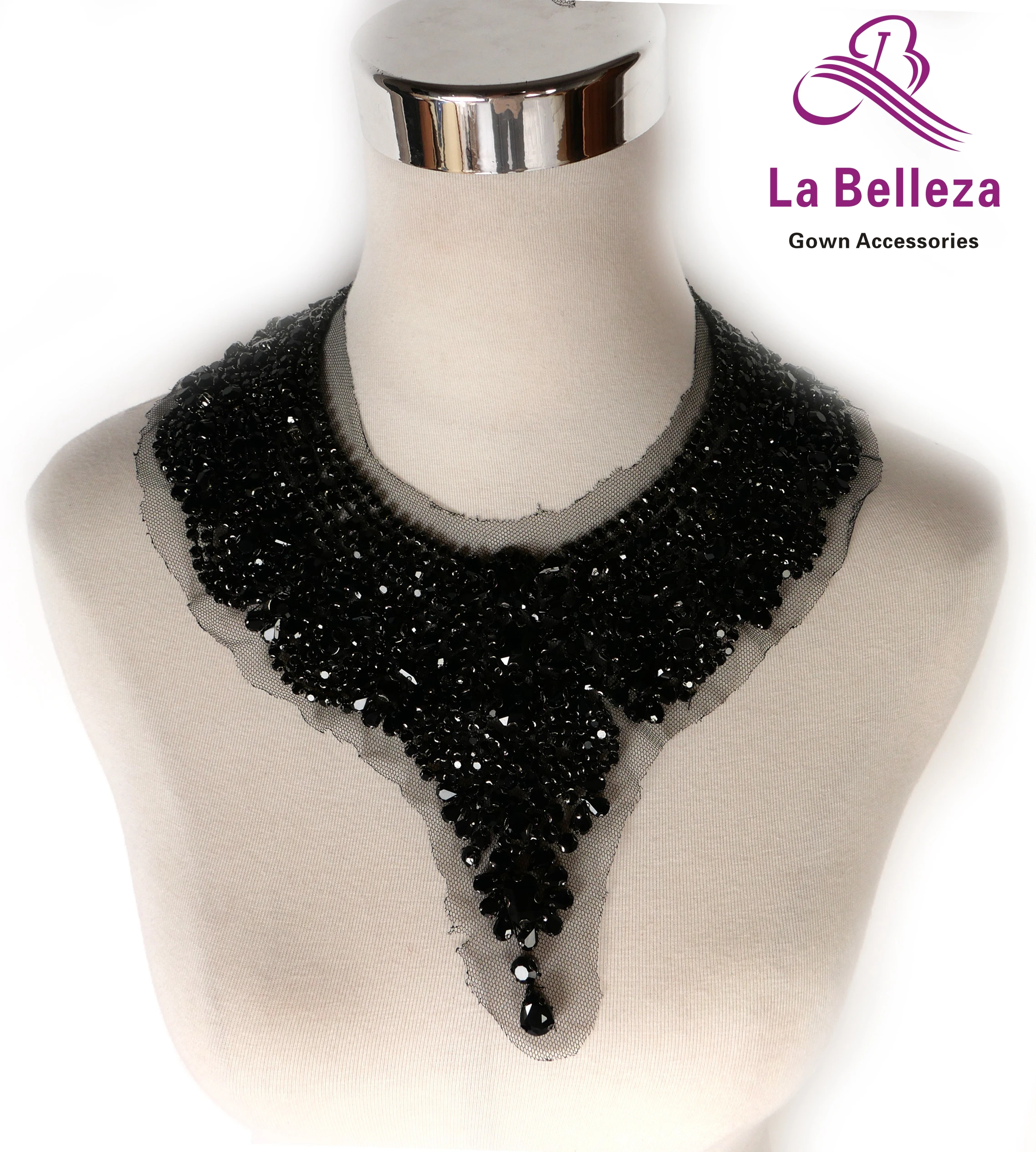 La Belleza beauty hand sewon neck bodice applique,gold silver crystal rhinestone applique Patch for dress accessories