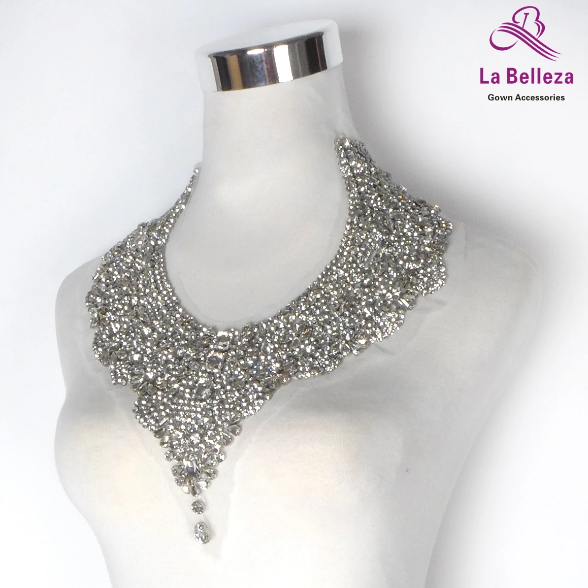 La Belleza beauty hand sewon neck bodice applique,gold silver crystal rhinestone applique Patch for dress accessories