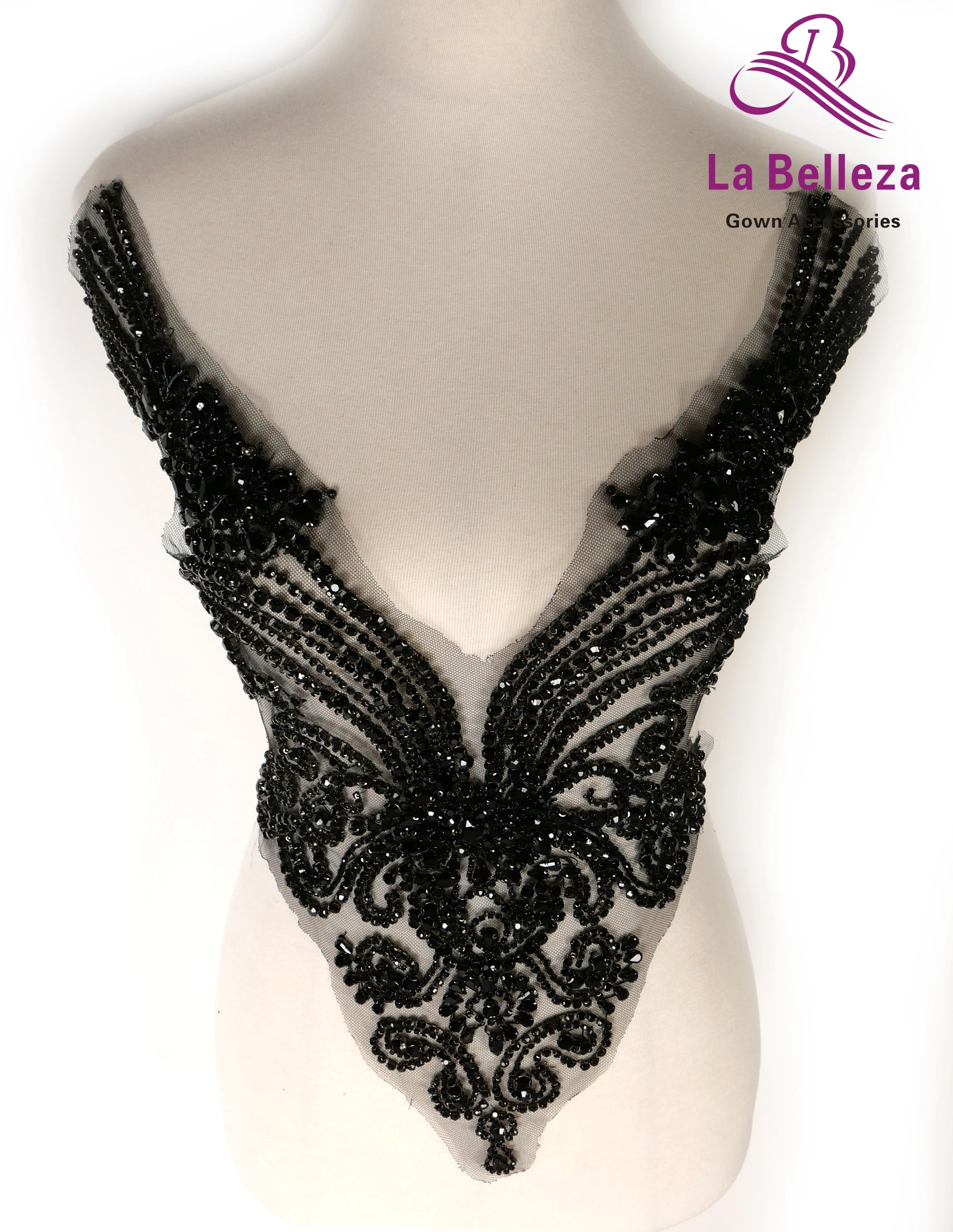 La Belleza beauty hand sewon neck bodice applique,gold silver crystal rhinestone applique Patch for dress accessories