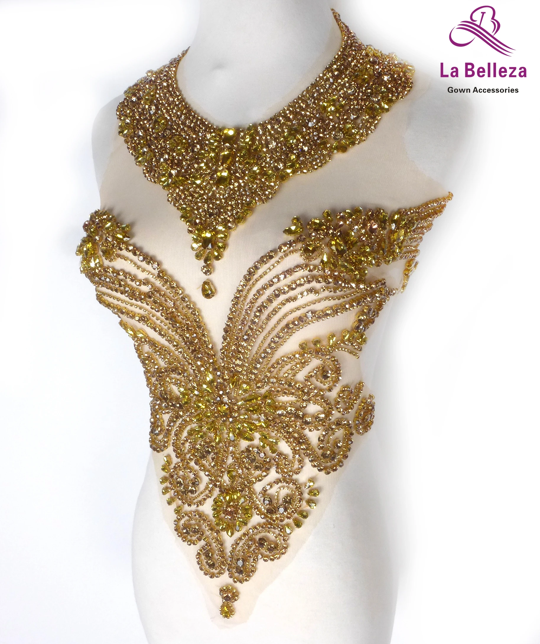 La Belleza beauty hand sewon neck bodice applique,gold silver crystal rhinestone applique Patch for dress accessories