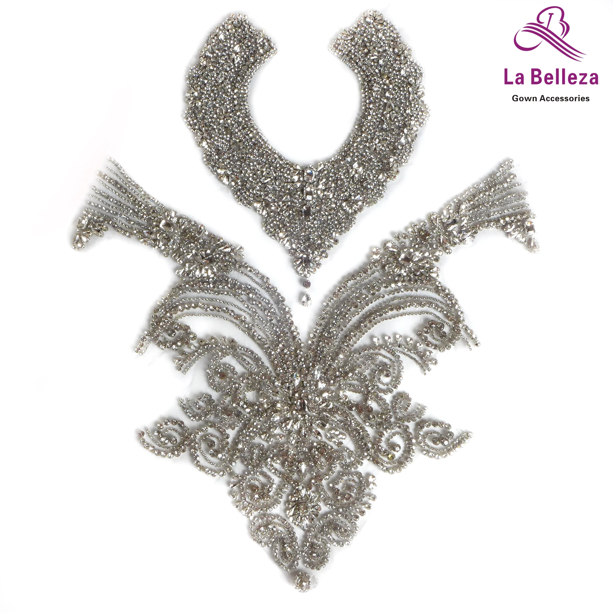 La Belleza beauty hand sewon neck bodice applique,gold silver crystal rhinestone applique Patch for dress accessories
