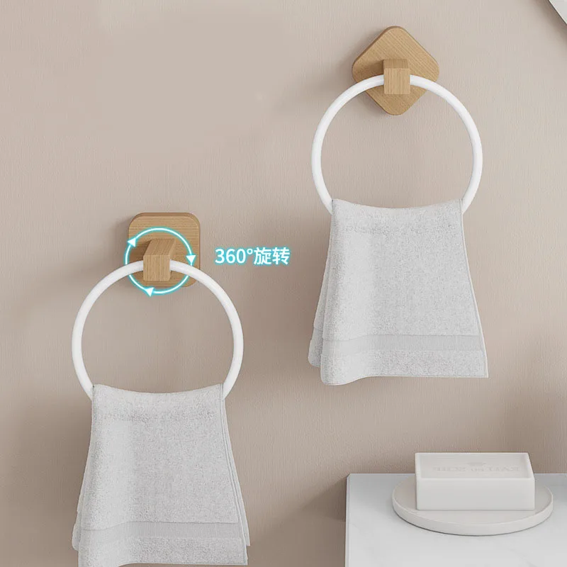 Wooden Toilet Towel Rack Wall-mounted Self-adhesive Paper Holder Roll Paper Stand Towel Ring Bathroom Accessories Set