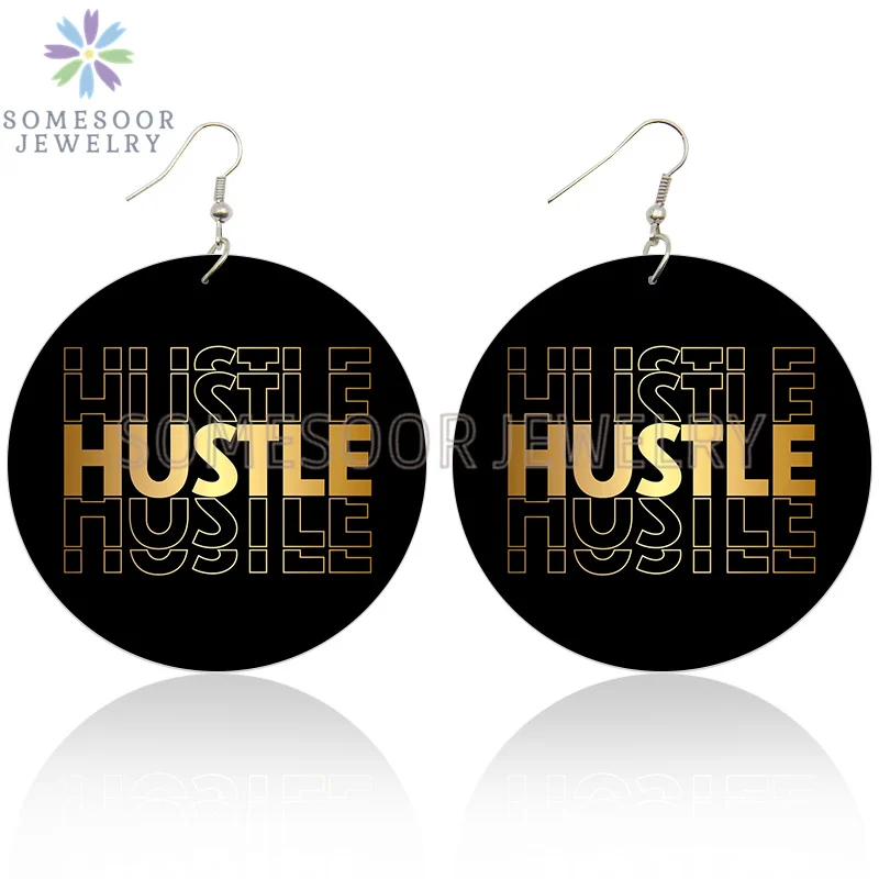 SOMESOOR Inspired Sayings Women Wooden Drop Earrings Black Blessed Dope Queen Faith BABE Hustle Squad Big Circle Dangle Jewelry